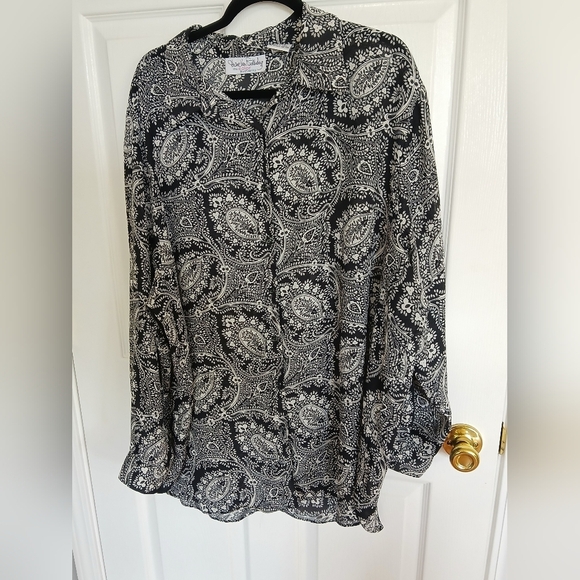 Diane Von Furstenberg Black White Paisley Sheer Long Sleeve Button Up  2x/3x - Picture 1 of 6